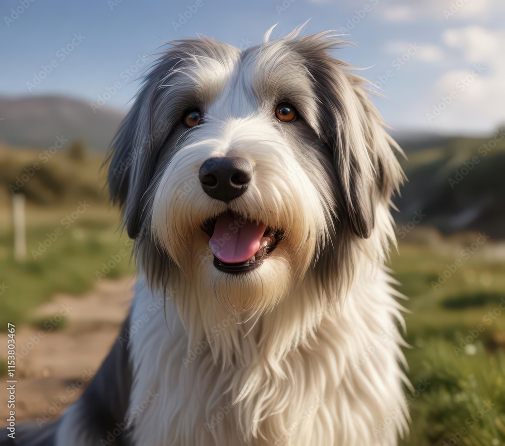 Bearded Collie Rel?ch? en Pos de Poil au Vent sur un ?corce , bearded collie, forest Bearded Collie Rel?ch? en Pos de Poil au Vent sur un ?corce , bearded collie, forest