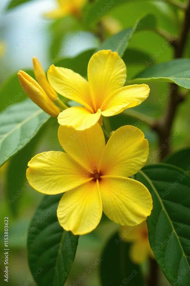 Obraz premium Large yellow cotton tree blossoms on branches, Bombax ceiba, flower, blooming flowers