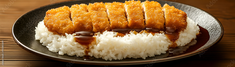 Crispy Fried Pork Cutlets on Rice with Savory Sauce, A Delicious Japanese Dish Served on a Plate. Crispy Fried Pork Cutlets on Rice with Savory Sauce, A Delicious Japanese Dish Served on a Plate.