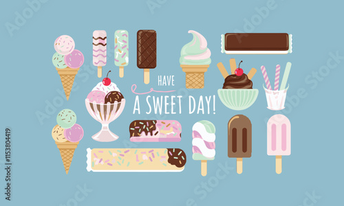 Ice Cream Set Cartoon Cute Style Vector Illustration, easily editable.