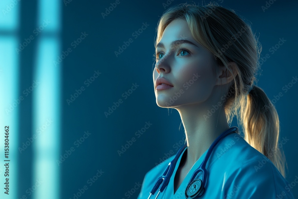Beautiful young blonde doctor with a stethoscope around her neck, hair tied up and wearing a surgical gown, in the operating room Beautiful young blonde doctor with a stethoscope around her neck, hair tied up and wearing a surgical gown, in the operating room