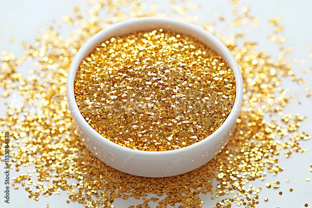 Golden Glitter in a Bowl, Shimmering Sparkle for Crafts and Decoration. Adds Festive Touch to Projects. Golden Glitter in a Bowl, Shimmering Sparkle for Crafts and Decoration. Adds Festive Touch to Projects.