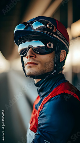 Jockey in Helmet and Goggles: A Realistic Portrait Photography photo