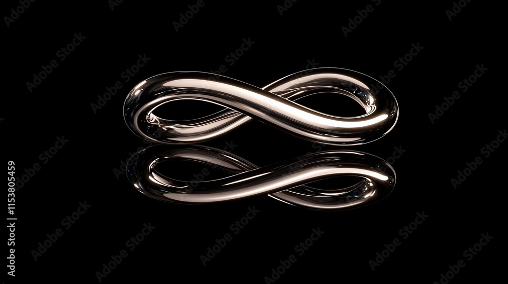 Naklejka premium Polished metal infinity symbol reflecting on black background.