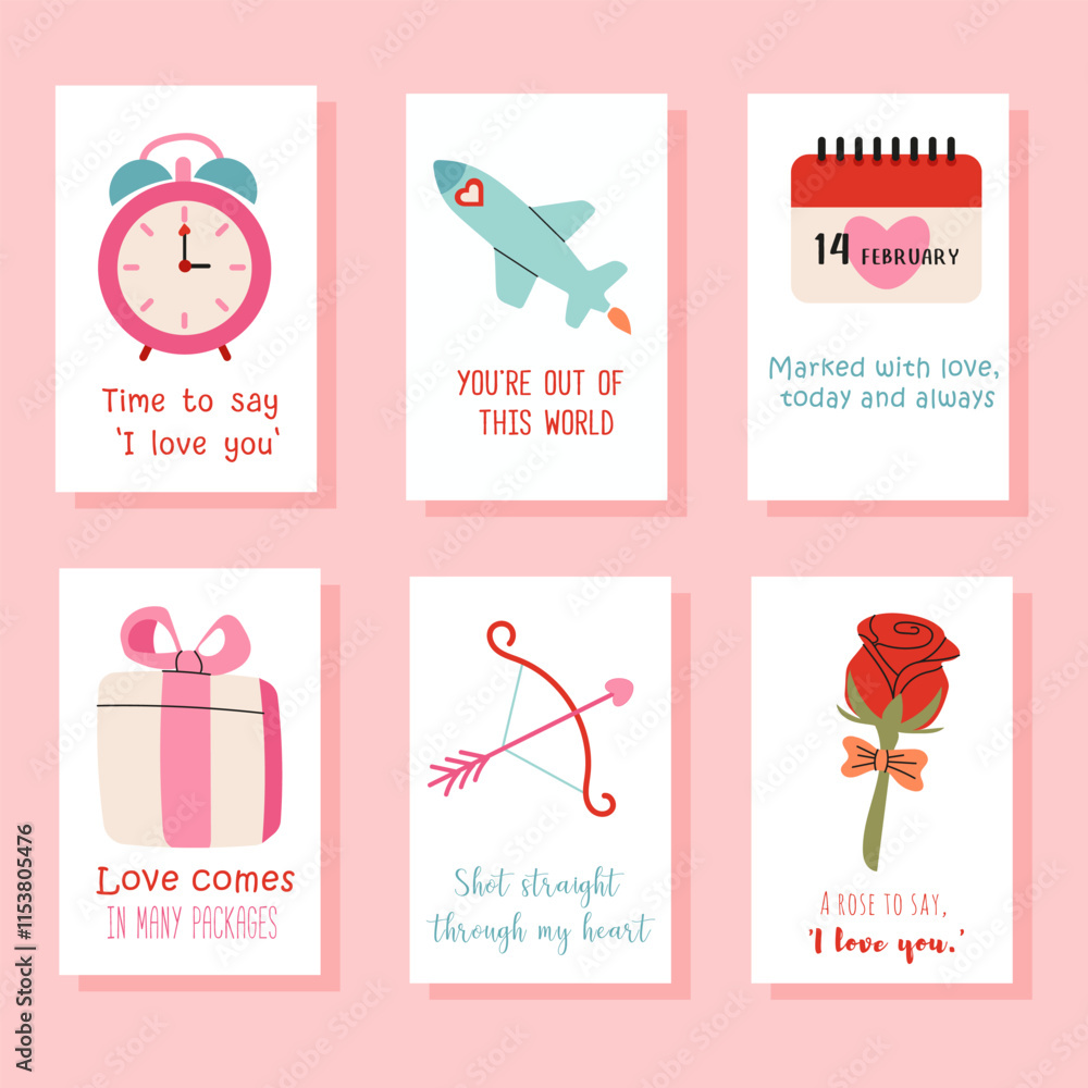 Obraz premium Valentine's Day Cards with Cute Illustrations: A set of six adorable Valentine's Day cards featuring cute illustrations and romantic messages. Perfect for expressing your love on Valentine's Day. 