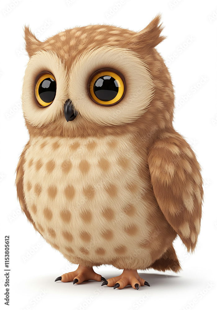 Naklejka premium Adorable Cartoon Owl Cute Bird Wildlife Animal Illustration Baby Owl Fluffy Feathers Brown Owl Big