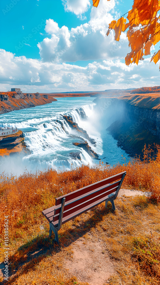 Obraz premium Autumn Waterfall Vista, Serene Bench Overlooks Majestic Cascades