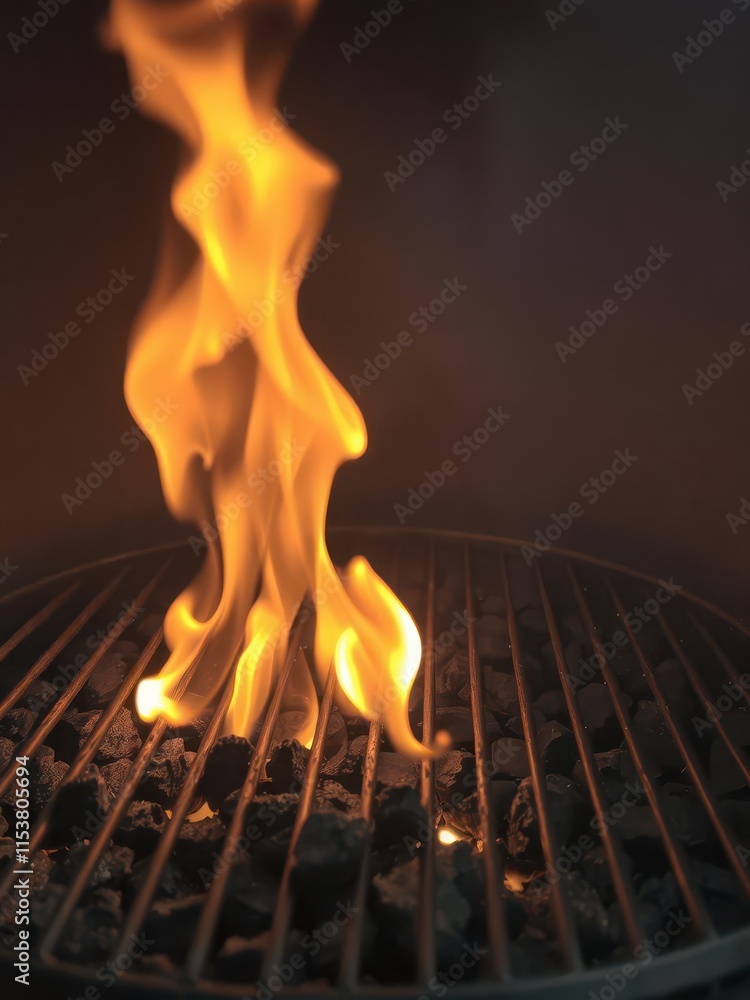 Empty glowing charcoal grill, flames licking empty grate, food,empty grate,barbecue Empty glowing charcoal grill, flames licking empty grate, food,empty grate,barbecue