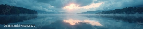Wallpaper Mural A reflection of dark clouds ripples on the lake's surface, as if the water itself is a mirror, calm scene, lake scenery, misty environment Torontodigital.ca