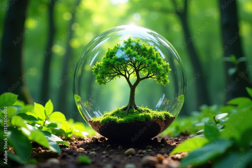 A tree is nestled within a glass sphere suspended over the forest floor, leaves, forest A tree is nestled within a glass sphere suspended over the forest floor, leaves, forest