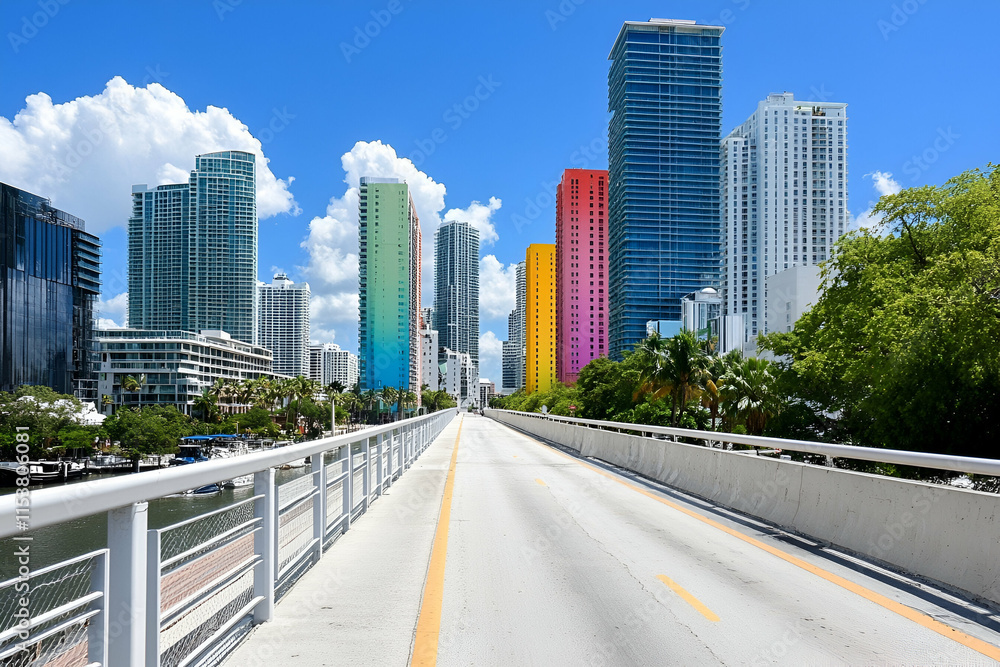 Vibrant Cityscape, Elevated Roadway Leading to Colorful Skyscrapers under a Sunny Sky Vibrant Cityscape, Elevated Roadway Leading to Colorful Skyscrapers under a Sunny Sky