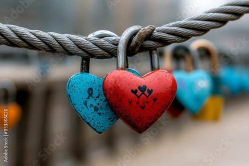 A heart-shaped lock hanging on an old bridge railing, surrounded by hundreds of other colorful locks symbolizing love