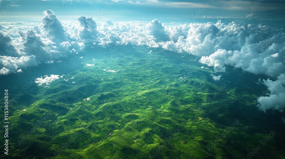 Aerial view of lush green mountains and fluffy clouds. Aerial view of lush green mountains and fluffy clouds.