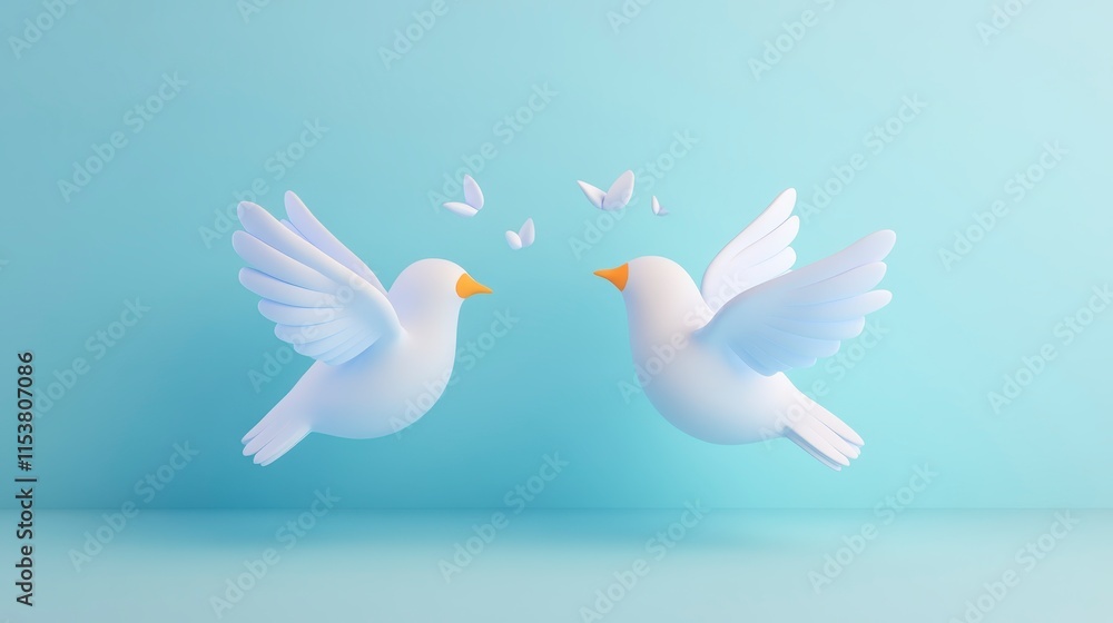 Fototapeta premium Two white birds with wings spread face each other against a soft blue background, surrounded by fluttering butterflies.