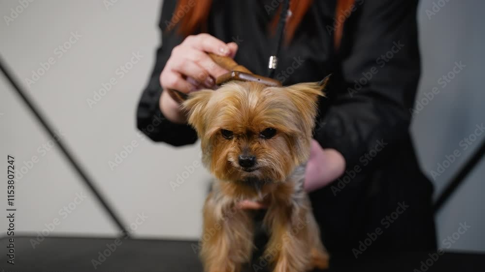 Yorkshire Terrier Being Brushed During Grooming Session Yorkshire Terrier Being Brushed During Grooming Session