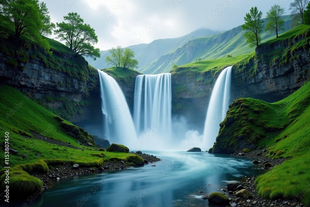 Fototapeta premium Misty river valley with waterfalls, soft focus on the falls, waterfall scene, natural scenery