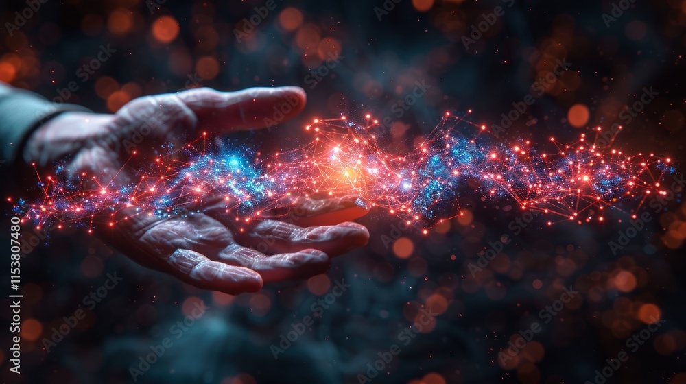 Fototapeta premium Hand holding glowing digital network stream.