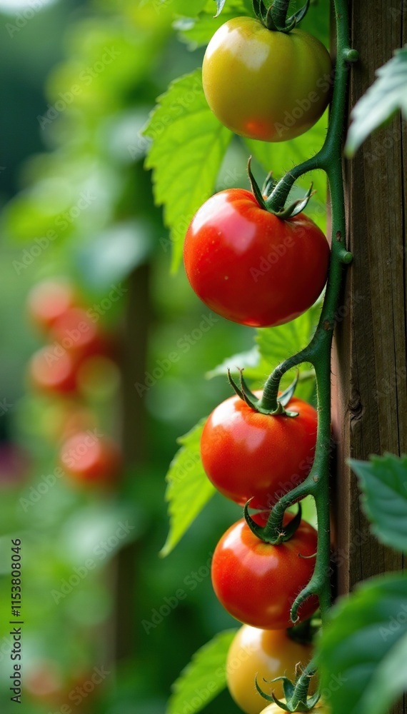 Red cherry tomatoes and grapes hanging from a wooden trellis in a garden, trellis, garden, flowers Red cherry tomatoes and grapes hanging from a wooden trellis in a garden, trellis, garden, flowers