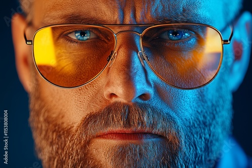 A hyper-realistic close-up of a hipster man face, showing a detailed beard, stylish glasses, and soft lighting reflecting on his skin
