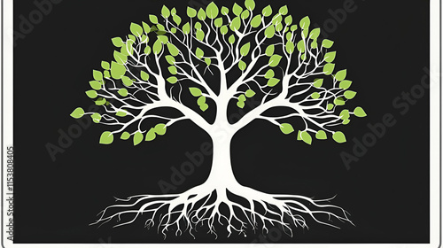 Wallpaper Mural Majestic Tree, Roots, Branches, and Leaves Flourish Against Dark Background, Symbolizing Growth and Resilience. Torontodigital.ca