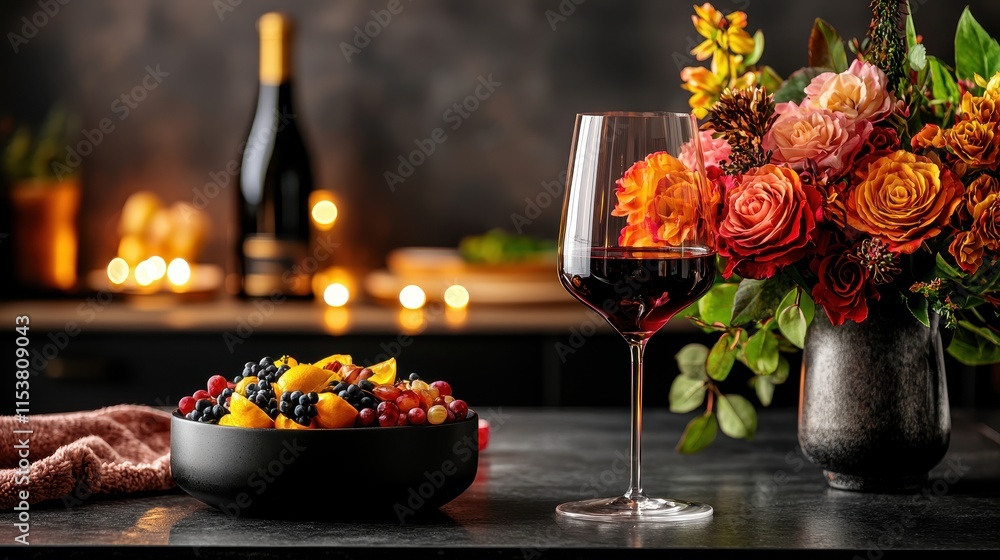 Fototapeta premium Elegant Table Setting with Red Wine Glass, Fresh Fruits, and Beautiful Floral Arrangement