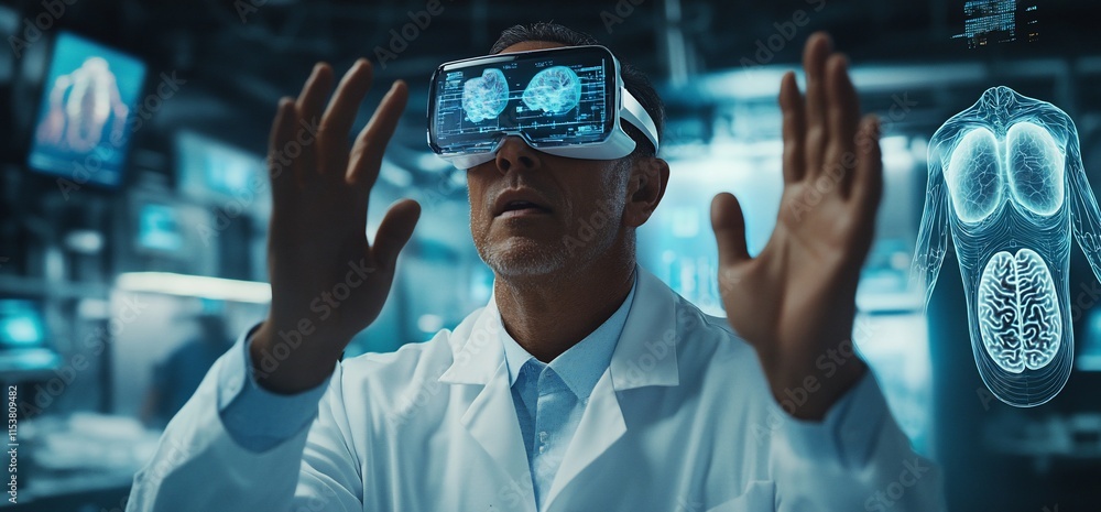 A scientist uses VR goggles to interact with 3D brain models in a lab. A scientist uses VR goggles to interact with 3D brain models in a lab.