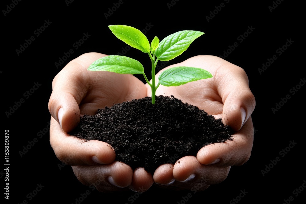 A pair of hands gently cradling a small, vibrant green plant with fresh soil, symbolizing growth and care A pair of hands gently cradling a small, vibrant green plant with fresh soil, symbolizing growth and care