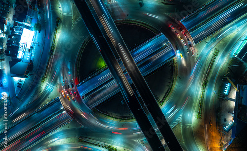 Cuadro en lienzo Expressway top view, Road traffic an important infrastructure, car traffic trans