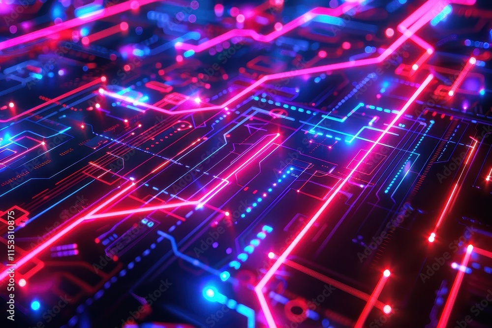 Abstract Futuristic Circuit Board with Glowing Red and Blue Lines Abstract Futuristic Circuit Board with Glowing Red and Blue Lines