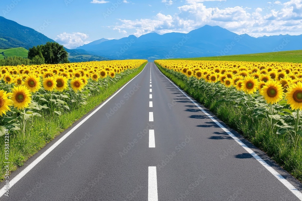 Naklejka premium A split highway surrounded by bright yellow sunflowers stretching far into the distance under a soft blue sky