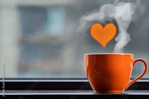 A steaming cup of tea, with heart-shaped steam rising and blending into the soft golden light of a kitchen window photo