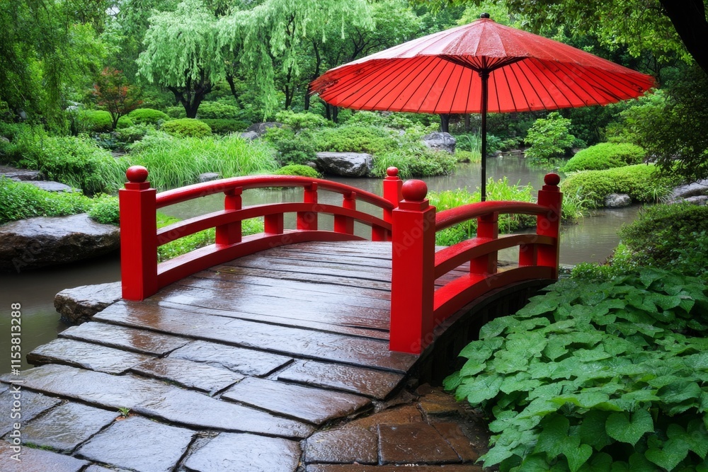 A tranquil HDR shot of a Japanese garden with a koi pond, red bridge, and lush green foliage glowing in soft light A tranquil HDR shot of a Japanese garden with a koi pond, red bridge, and lush green foliage glowing in soft light