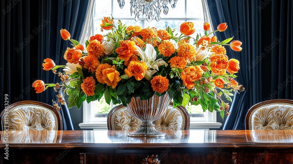 Vibrant Floral Arrangement in Luxurious Dining Room with Elegant Drapes and Antique Furniture Vibrant Floral Arrangement in Luxurious Dining Room with Elegant Drapes and Antique Furniture
