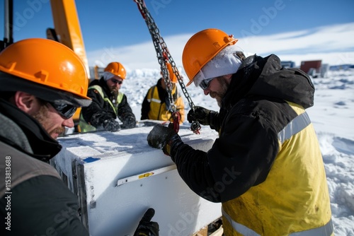 A group of workers collaboratively handle equipment in a harsh winter environment, emphasizing teamwork, safety, and dedication to completing their tasks efficiently. photo