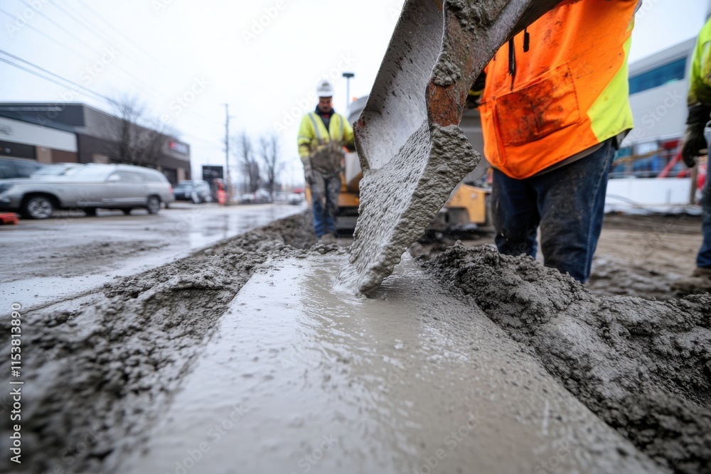 Construction workers skillfully pour concrete in an urban setting, showcasing the intricate processes involved in building infrastructure and the teamwork necessary for success. Construction workers skillfully pour concrete in an urban setting, showcasing the intricate processes involved in building infrastructure and the teamwork necessary for success.