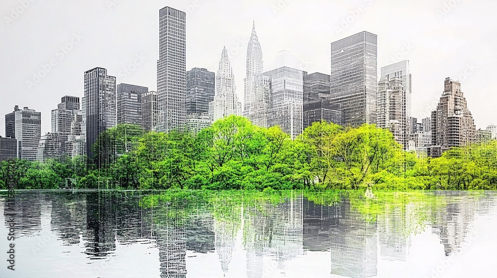 Naklejka premium double exposure of a city skyline blending with lush greenery and clean water, illustrating urban sustainability and eco-friendly living. [environment]:[Sustainable living] 