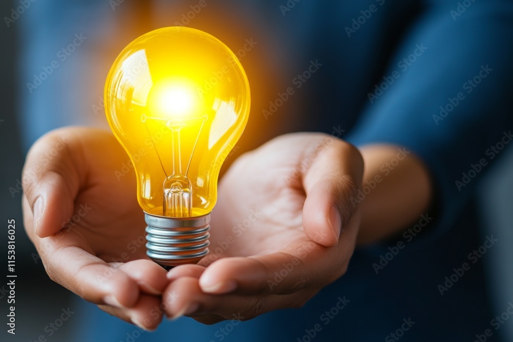 Hands holding a glowing light bulb, symbolizing inspiration and innovation, with the light softly illuminating the surroundings Hands holding a glowing light bulb, symbolizing inspiration and innovation, with the light softly illuminating the surroundings