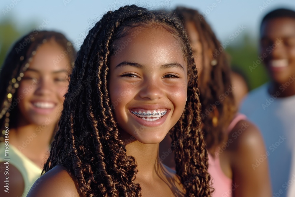 A young girl with curly hair and braces beams with joy among friends, highlighting the innocence and fun of childhood in a beautiful outdoor location. A young girl with curly hair and braces beams with joy among friends, highlighting the innocence and fun of childhood in a beautiful outdoor location.