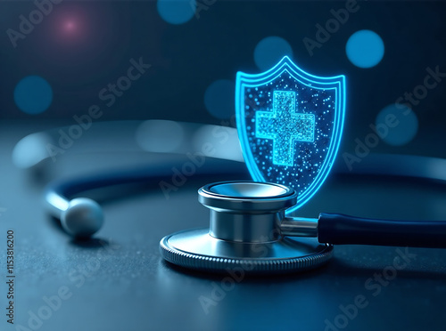 A digital shield with a medical cross symbol sits on a stethoscope, representing the importance of protecting patient data and ensuring secure healthcare practices. new image