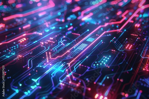 Abstract Neon Circuit Board with Pink and Blue Glowing Lines