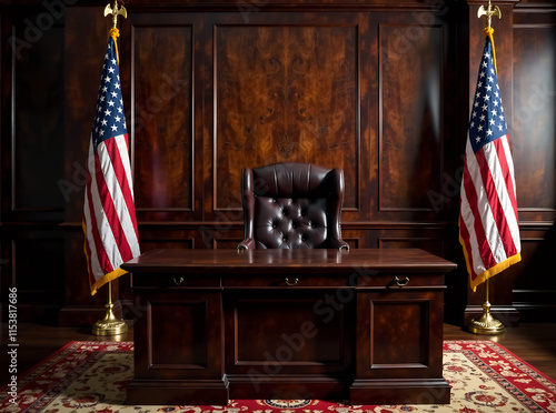 Formal dark-wood office setting featuring a stately table, high-back leather chair, and proud American flag standing tall behind, conveying authority and patriotism. new image 