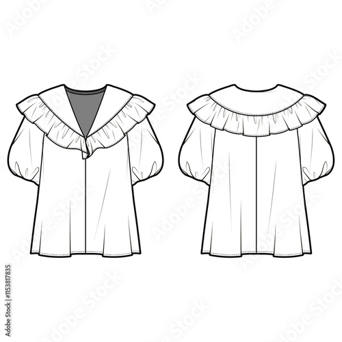Technical flat sketch of Ruffled sailor collar blouse. Deep v-neck top with frill details and puff sleeves.