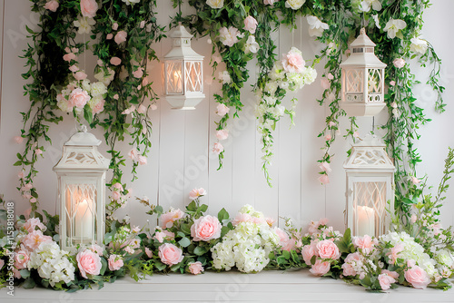 Romantic Floral Backdrop with Lanterns 