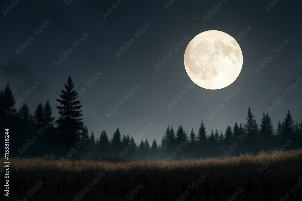 Serene Moonlit Forest at Night with Full Moon Illuminating the Dark Sky and Tall Pine Trees in a Peaceful Landscape Scene Serene Moonlit Forest at Night with Full Moon Illuminating the Dark Sky and Tall Pine Trees in a Peaceful Landscape Scene