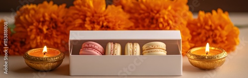 Box of macarons with festive candles
