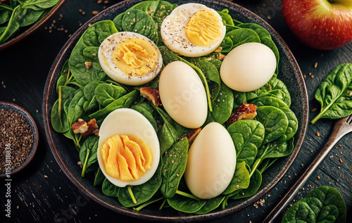 a plate of spinach salad with boiled eggs, nuts, and seeds. There is a whole apple and a fork on the side.