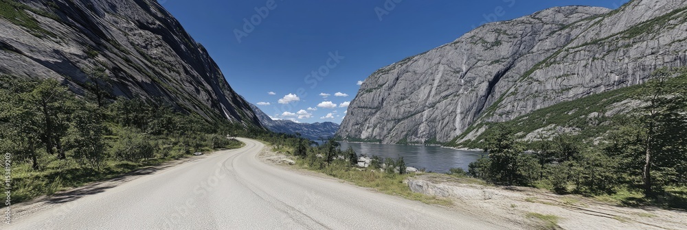 Fototapeta premium Scenic winding road alongside a lake and towering cliffs under a clear blue sky.