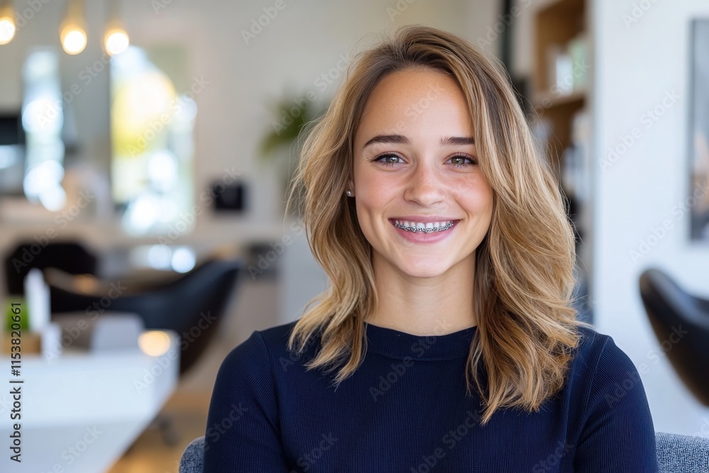 A young girl displaying a warm smile with braces radiates happiness in a contemporary studio, surrounded by a vibrant atmosphere that reflects positivity and joy. A young girl displaying a warm smile with braces radiates happiness in a contemporary studio, surrounded by a vibrant atmosphere that reflects positivity and joy.