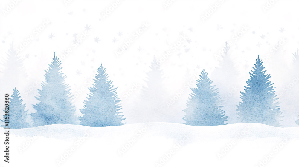 Fototapeta premium A soft January winter watercolor scene with snowy pine trees painted in delicate blues and whites, their branches dusted with frost. The sky blends gentle hues of pale blue and gray, with soft