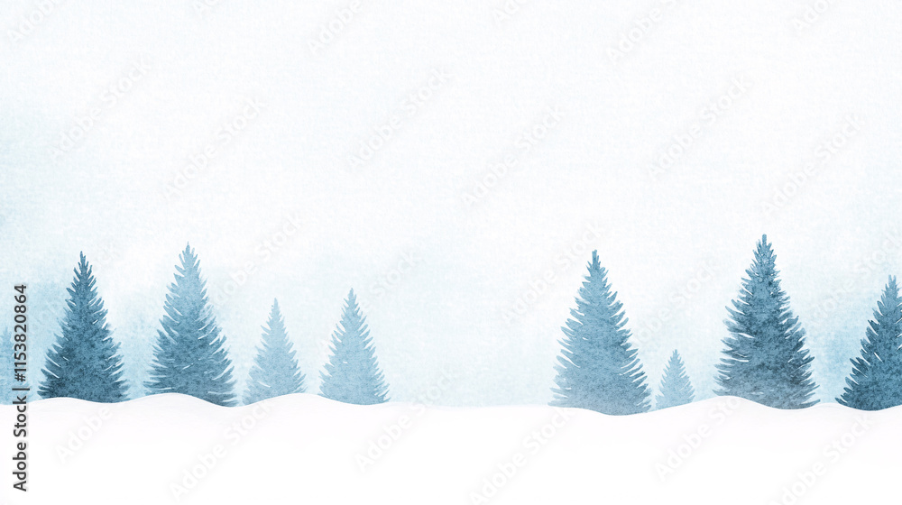 Fototapeta premium A soft January winter watercolor scene with snowy pine trees painted in delicate blues and whites, their branches dusted with frost. The sky blends gentle hues of pale blue and gray, with soft